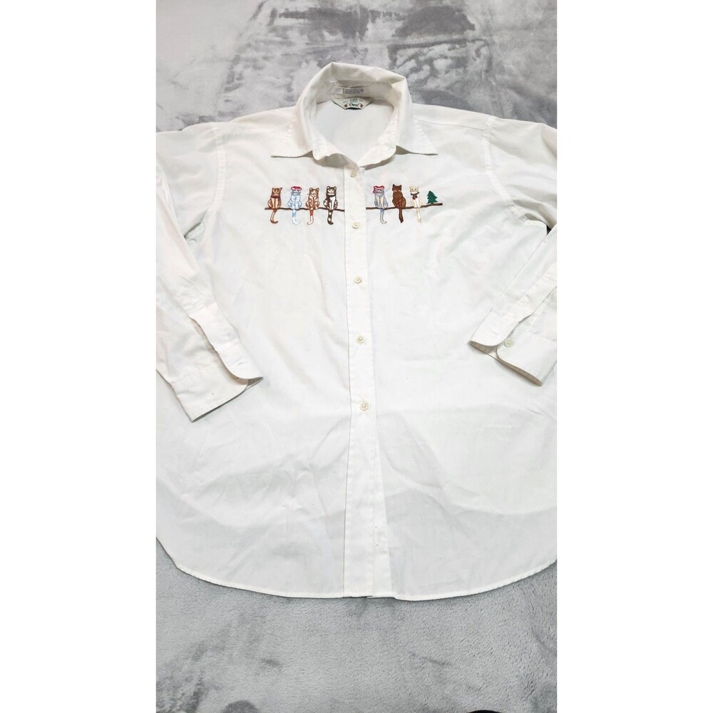 Orvis Women's Size 12 White Embroidered Cat Long Sleeve Button Up Shirt